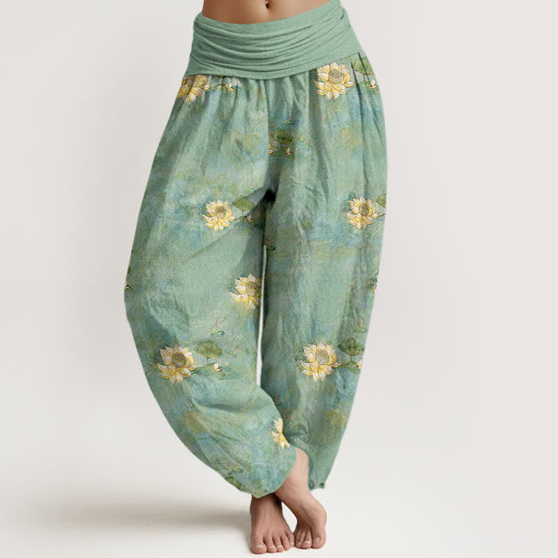 Nimara Ritual Cotton Yellow Lotus Scatter Pattern Women's Elastic Waist Harem Pants