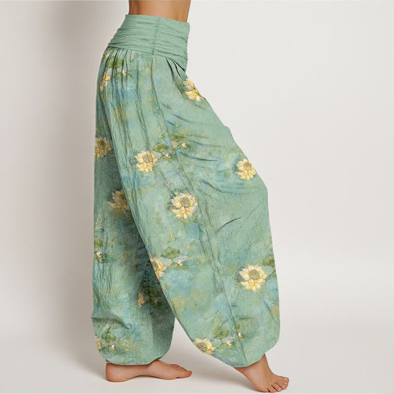 Nimara Ritual Cotton Yellow Lotus Scatter Pattern Women's Elastic Waist Harem Pants