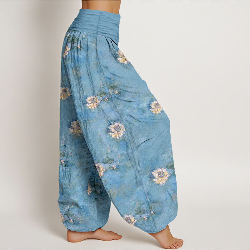 Nimara Ritual Cotton Yellow Lotus Scatter Pattern Women's Elastic Waist Harem Pants