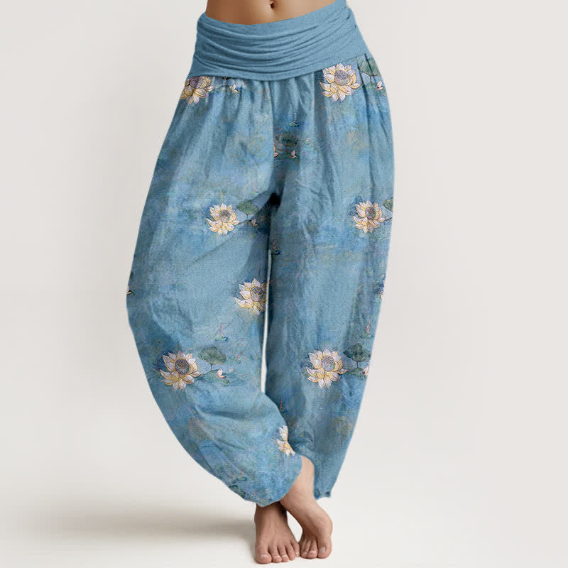 Nimara Ritual Cotton Yellow Lotus Scatter Pattern Women's Elastic Waist Harem Pants