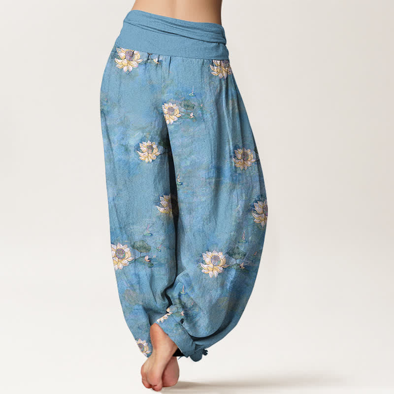 Nimara Ritual Cotton Yellow Lotus Scatter Pattern Women's Elastic Waist Harem Pants