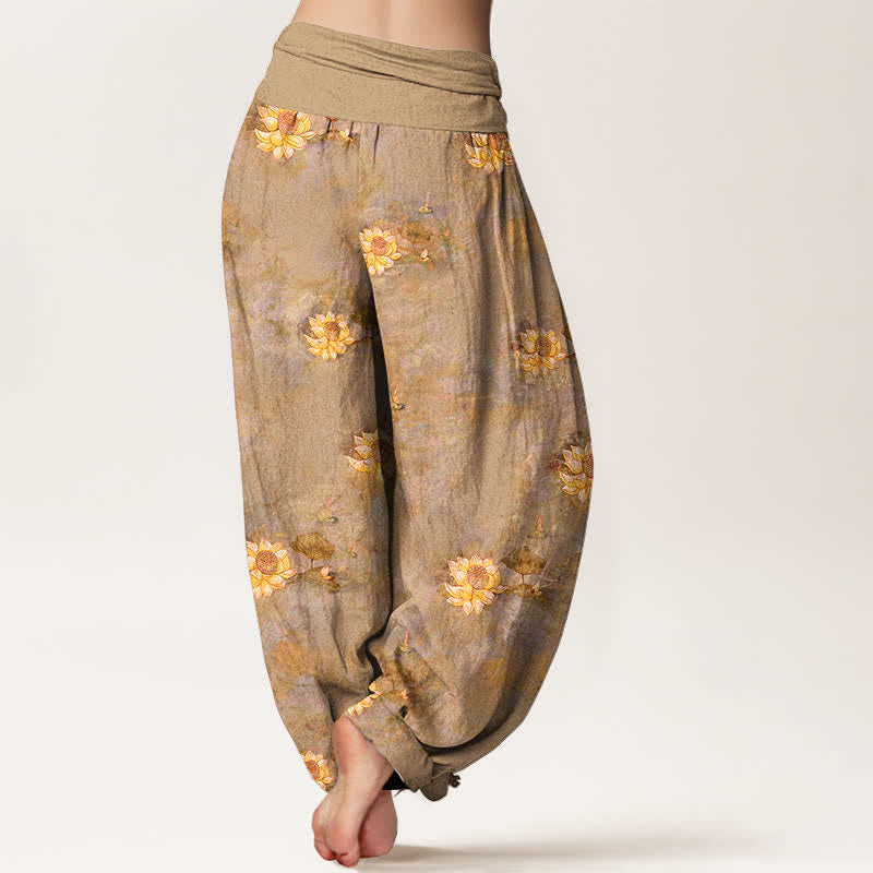 Nimara Ritual Cotton Yellow Lotus Scatter Pattern Women's Elastic Waist Harem Pants