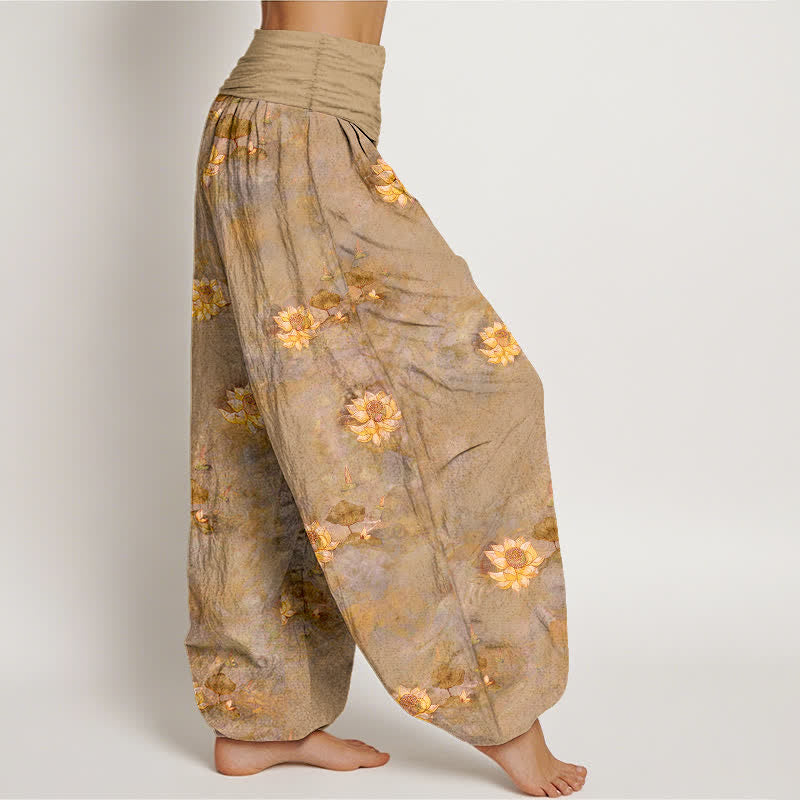 Nimara Ritual Cotton Yellow Lotus Scatter Pattern Women's Elastic Waist Harem Pants