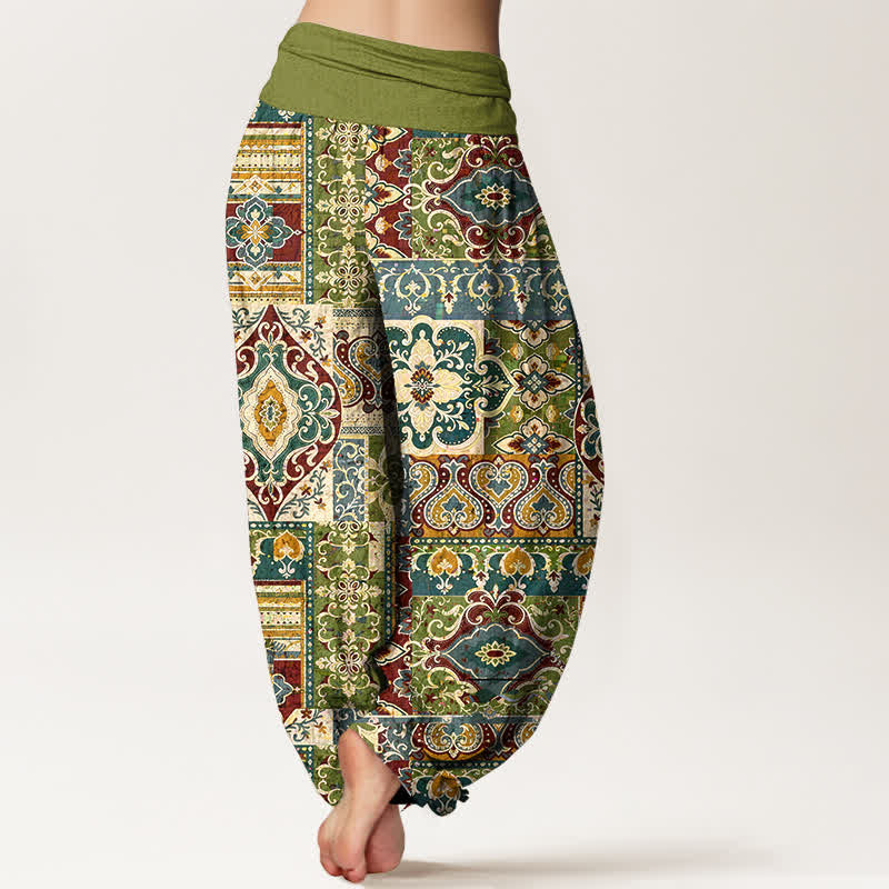 Nimara Ritual Cotton Olive Mosaic Tile Pattern Women's Elastic Waist Harem Pants