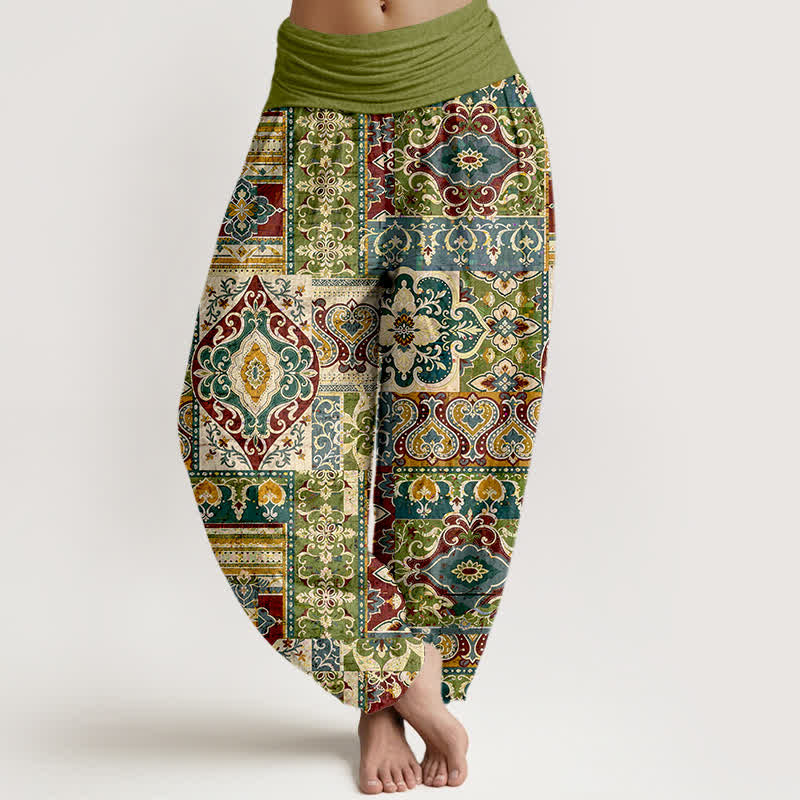 Nimara Ritual Cotton Olive Mosaic Tile Pattern Women's Elastic Waist Harem Pants