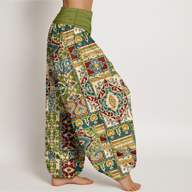 Nimara Ritual Cotton Olive Mosaic Tile Pattern Women's Elastic Waist Harem Pants