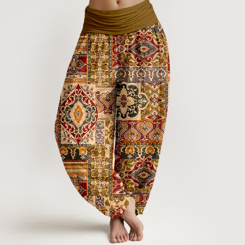 Nimara Ritual Cotton Olive Mosaic Tile Pattern Women's Elastic Waist Harem Pants