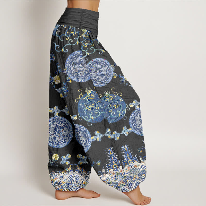 Nimara Ritual Cotton Indigo Medallion Dragon Pattern Women's Elastic Waist Harem Pants