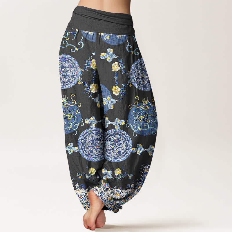 Nimara Ritual Cotton Indigo Medallion Dragon Pattern Women's Elastic Waist Harem Pants