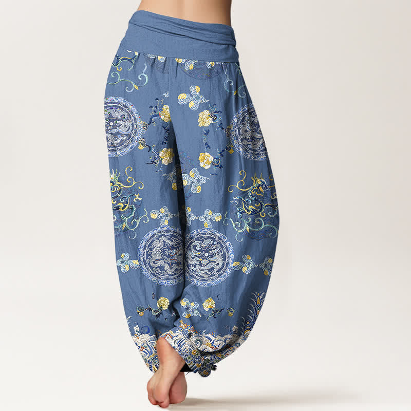 Nimara Ritual Cotton Indigo Medallion Dragon Pattern Women's Elastic Waist Harem Pants
