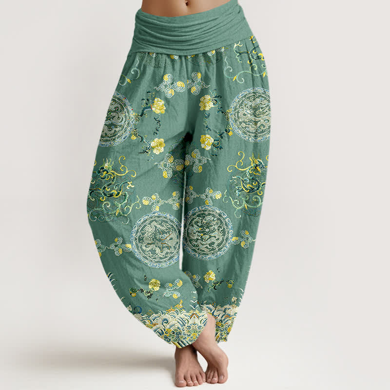 Nimara Ritual Cotton Indigo Medallion Dragon Pattern Women's Elastic Waist Harem Pants