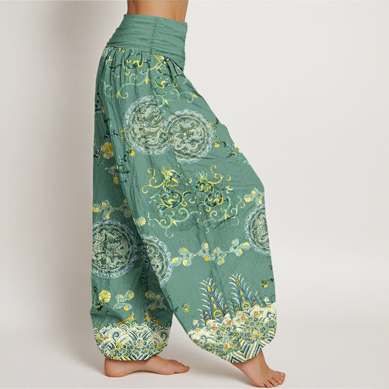 Nimara Ritual Cotton Indigo Medallion Dragon Pattern Women's Elastic Waist Harem Pants