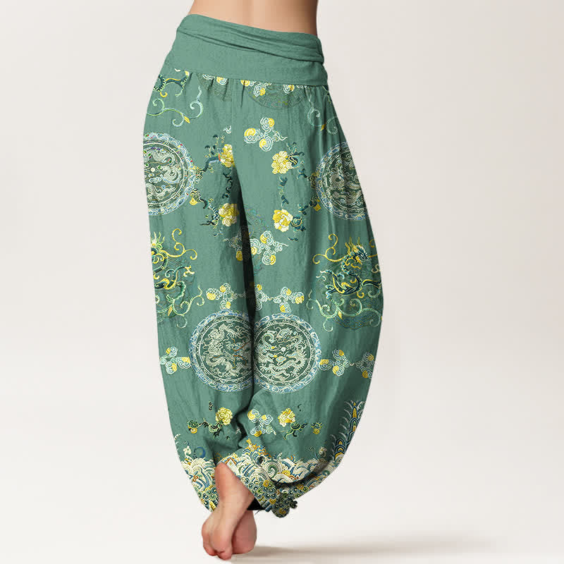 Nimara Ritual Cotton Indigo Medallion Dragon Pattern Women's Elastic Waist Harem Pants