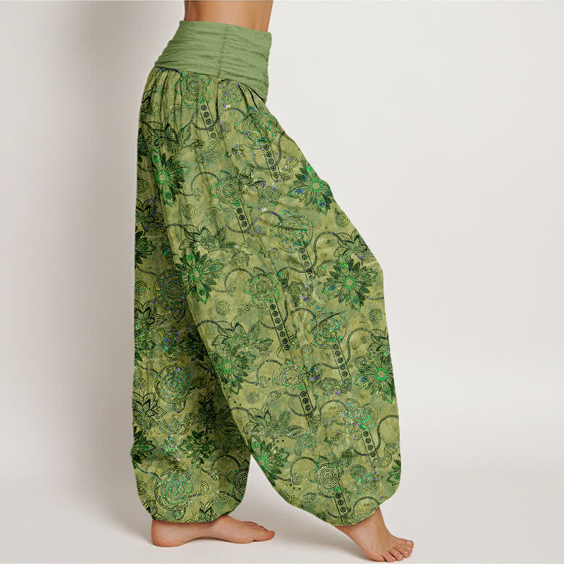 Nimara Ritual Pure Cotton Olive Boho Floral Diamond Pattern Women's Elastic Waist Harem Pants