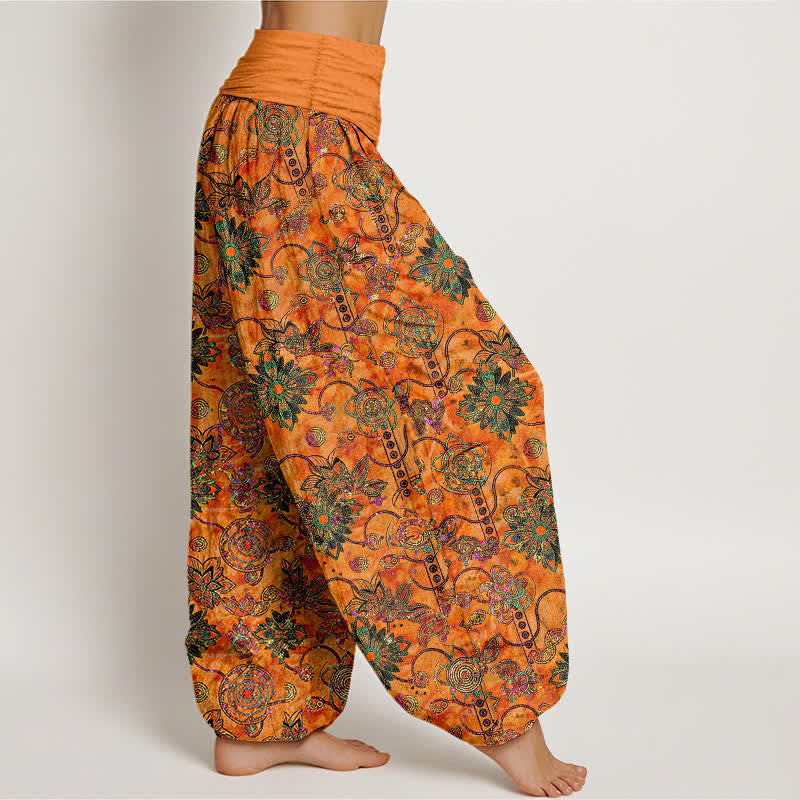 Nimara Ritual Pure Cotton Olive Boho Floral Diamond Pattern Women's Elastic Waist Harem Pants