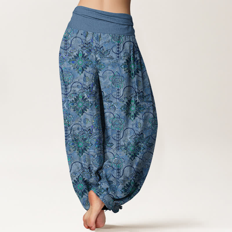Nimara Ritual Pure Cotton Olive Boho Floral Diamond Pattern Women's Elastic Waist Harem Pants