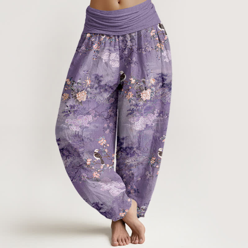 Nimara Ritual Pure Cotton Floral Bird Pattern Women's Elastic Waist Harem Pants