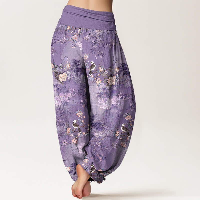 Nimara Ritual Pure Cotton Floral Bird Pattern Women's Elastic Waist Harem Pants
