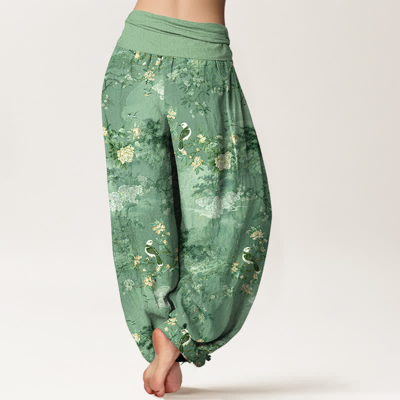 Nimara Ritual Pure Cotton Floral Bird Pattern Women's Elastic Waist Harem Pants
