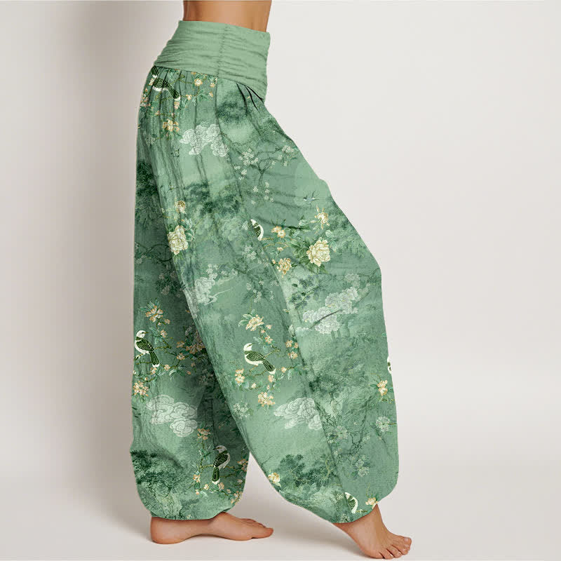 Nimara Ritual Pure Cotton Floral Bird Pattern Women's Elastic Waist Harem Pants