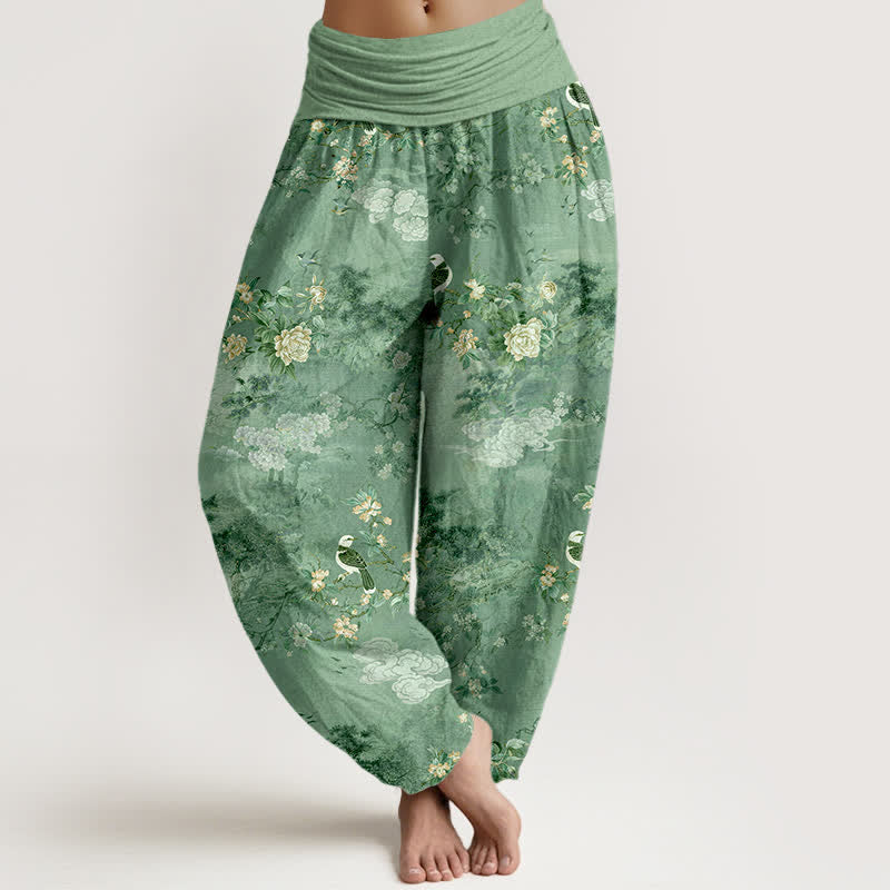 Nimara Ritual Pure Cotton Floral Bird Pattern Women's Elastic Waist Harem Pants