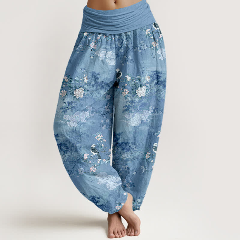 Nimara Ritual Pure Cotton Floral Bird Pattern Women's Elastic Waist Harem Pants
