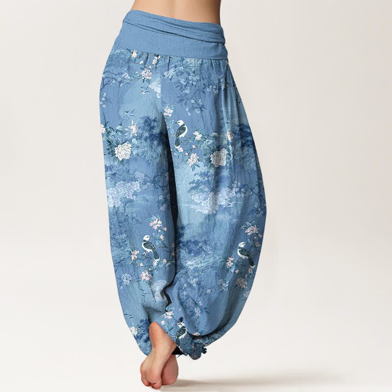 Nimara Ritual Pure Cotton Floral Bird Pattern Women's Elastic Waist Harem Pants