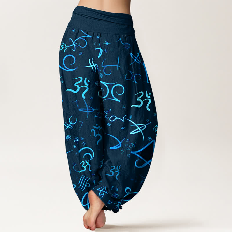 Nimara Ritual Pure Cotton Blue OM Symbol Pattern Women's Elastic Waist Harem Pants