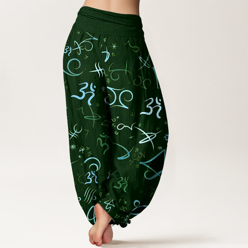Nimara Ritual Pure Cotton Blue OM Symbol Pattern Women's Elastic Waist Harem Pants