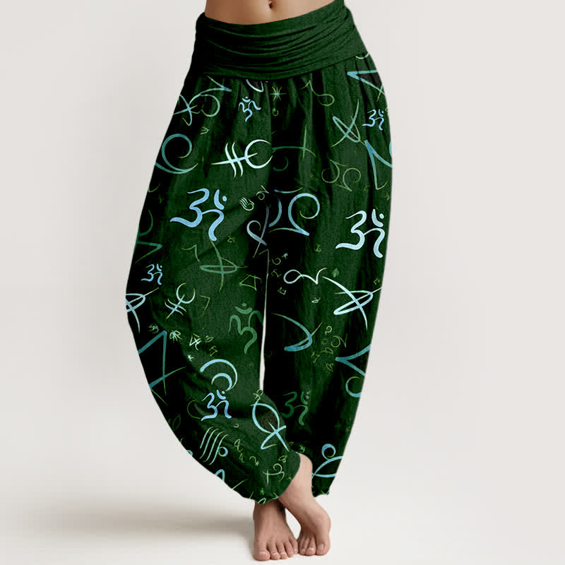 Nimara Ritual Pure Cotton Blue OM Symbol Pattern Women's Elastic Waist Harem Pants