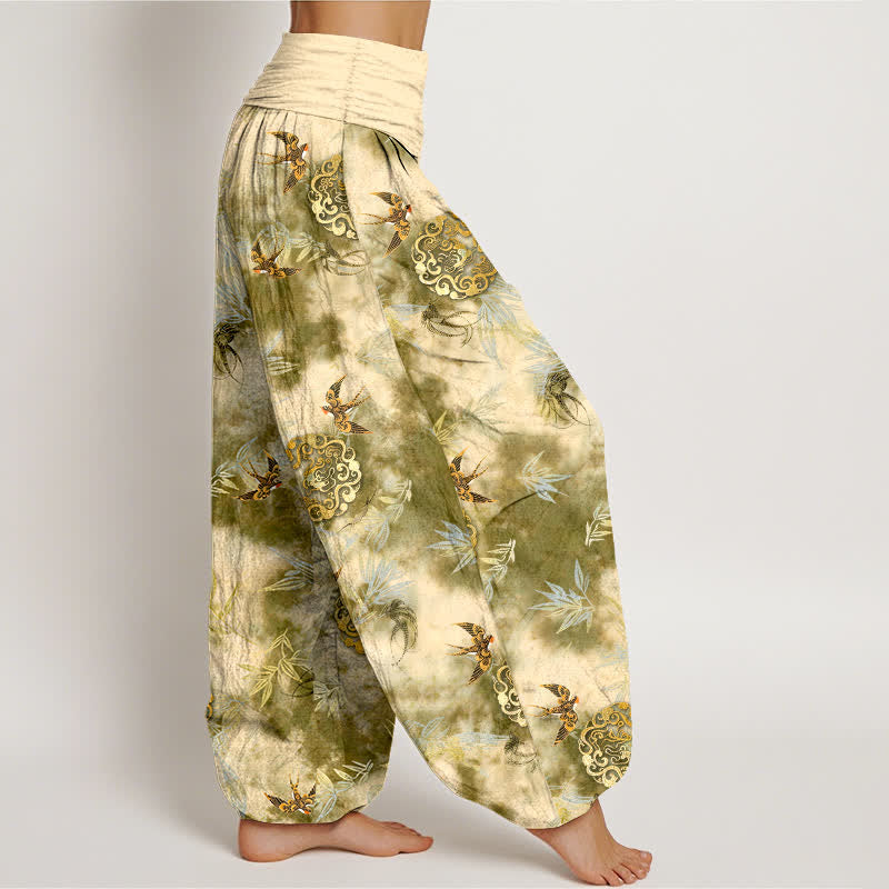 Nimara Ritual Pure Cotton Cloud Medallion and Bird Pattern Women's Elastic Waist Harem Pants