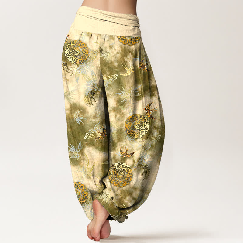 Nimara Ritual Pure Cotton Cloud Medallion and Bird Pattern Women's Elastic Waist Harem Pants