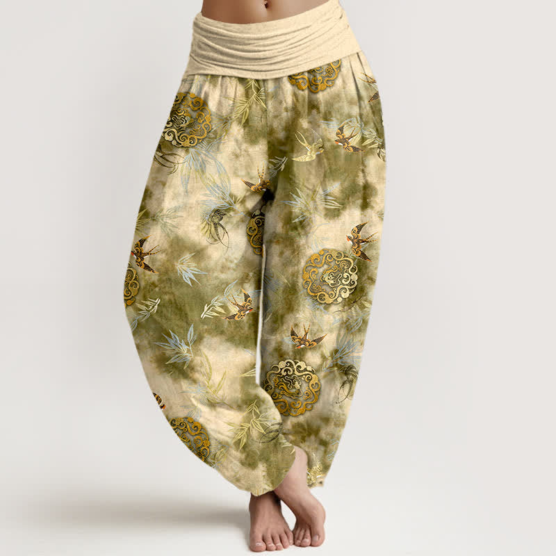 Nimara Ritual Pure Cotton Cloud Medallion and Bird Pattern Women's Elastic Waist Harem Pants