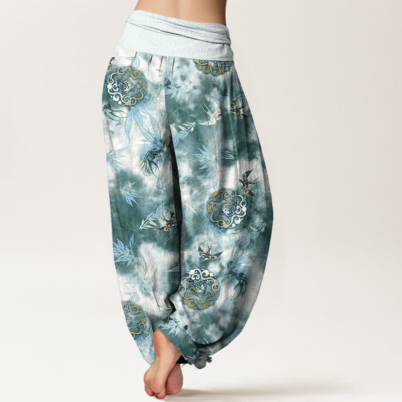 Nimara Ritual Pure Cotton Cloud Medallion and Bird Pattern Women's Elastic Waist Harem Pants