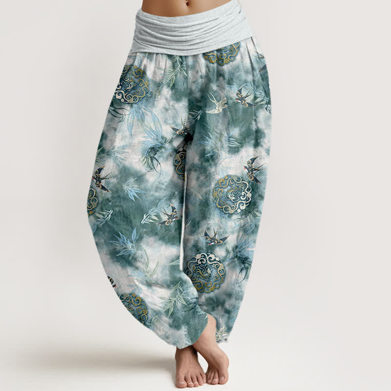 Nimara Ritual Pure Cotton Cloud Medallion and Bird Pattern Women's Elastic Waist Harem Pants