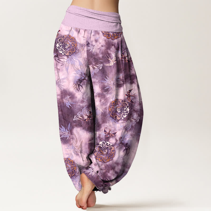 Nimara Ritual Pure Cotton Cloud Medallion and Bird Pattern Women's Elastic Waist Harem Pants