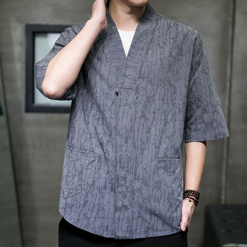 Nimara Ritual Summer V-Neck Buttons Shattered Pattern Men's Short Sleeve Shirt With Pockets