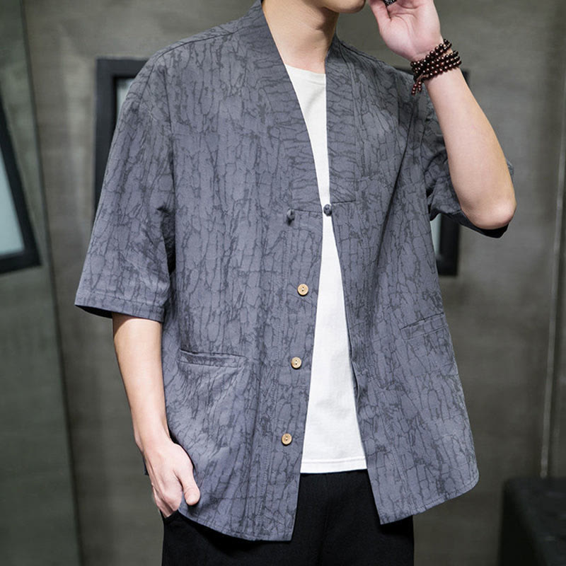 Nimara Ritual Summer V-Neck Buttons Shattered Pattern Men's Short Sleeve Shirt With Pockets