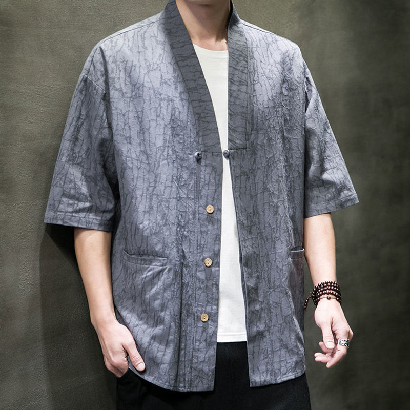 Nimara Ritual Summer V-Neck Buttons Shattered Pattern Men's Short Sleeve Shirt With Pockets