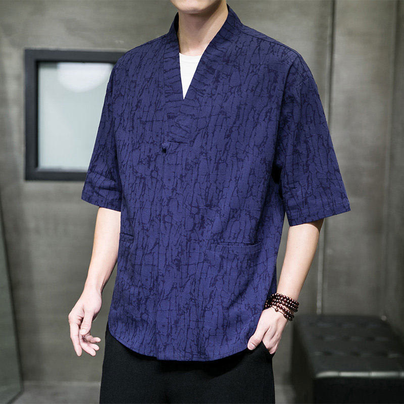 Nimara Ritual Summer V-Neck Buttons Shattered Pattern Men's Short Sleeve Shirt With Pockets