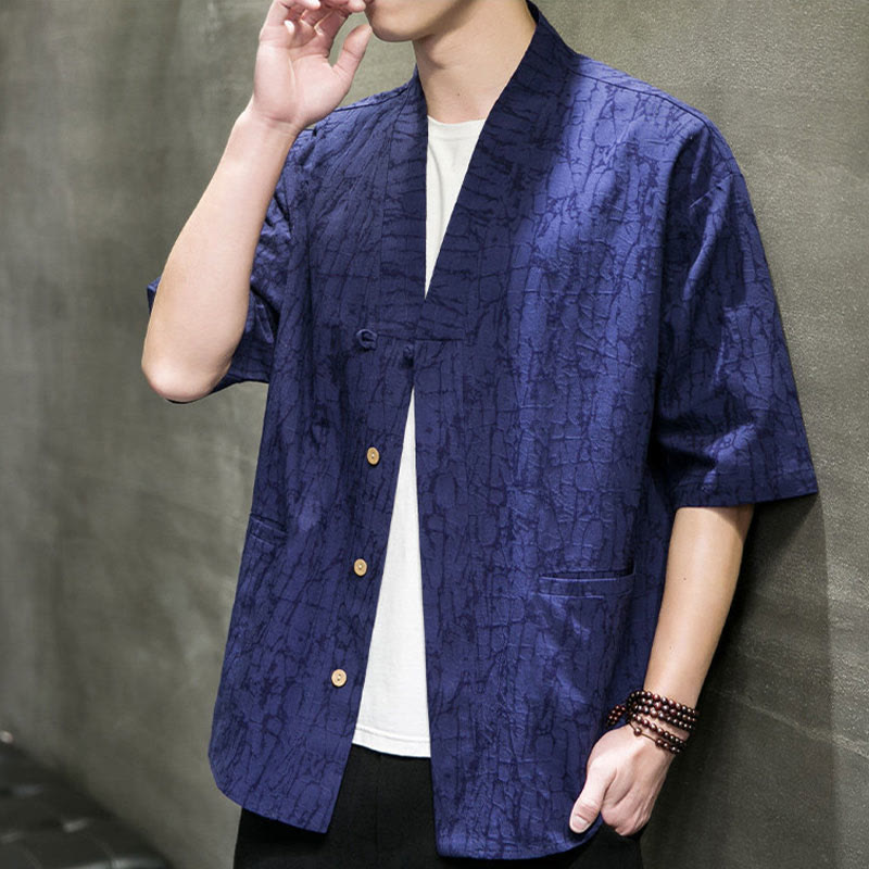 Nimara Ritual Summer V-Neck Buttons Shattered Pattern Men's Short Sleeve Shirt With Pockets