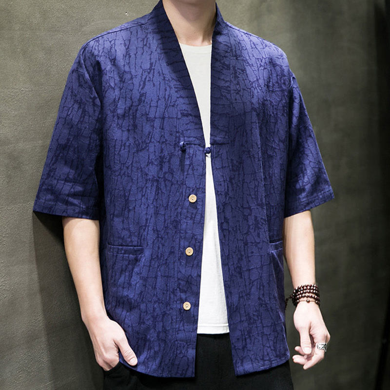 Nimara Ritual Summer V-Neck Buttons Shattered Pattern Men's Short Sleeve Shirt With Pockets