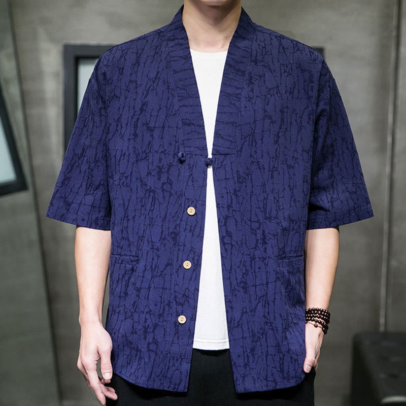 Nimara Ritual Summer V-Neck Buttons Shattered Pattern Men's Short Sleeve Shirt With Pockets