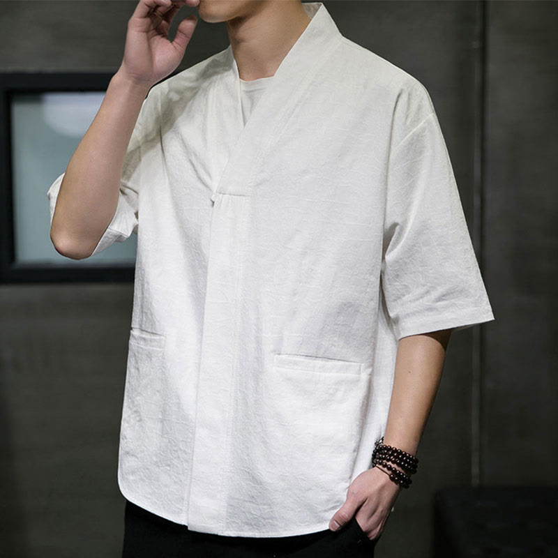 Nimara Ritual Summer V-Neck Buttons Shattered Pattern Men's Short Sleeve Shirt With Pockets