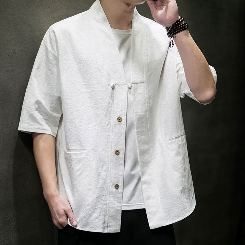 Nimara Ritual Summer V-Neck Buttons Shattered Pattern Men's Short Sleeve Shirt With Pockets
