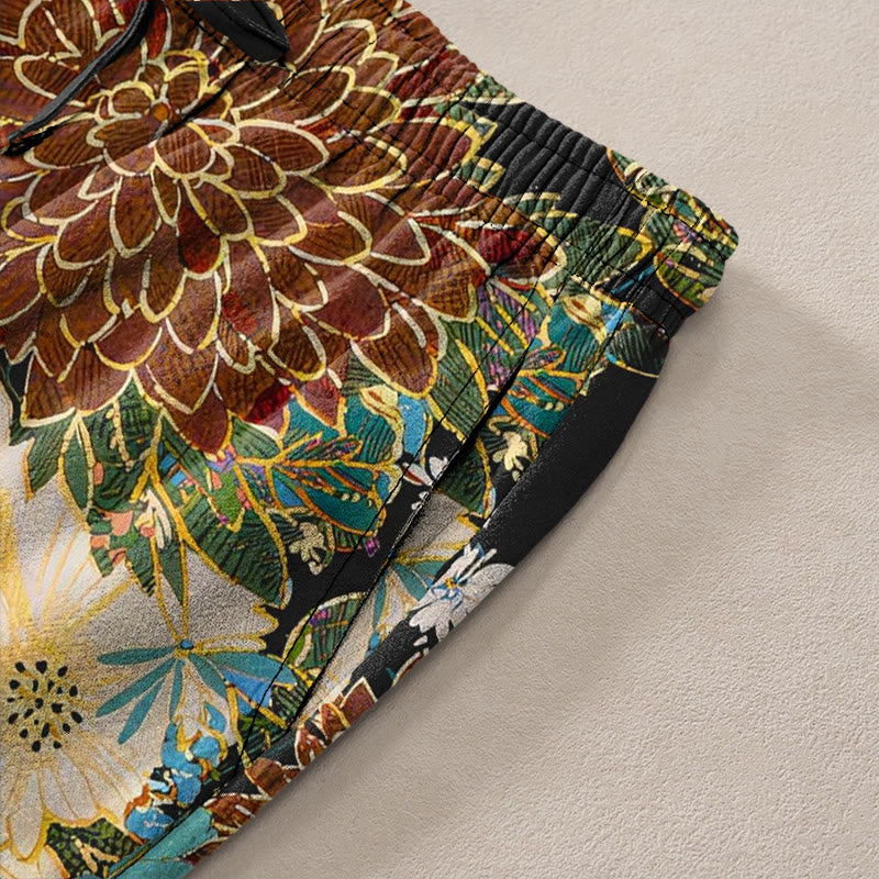 Nimara Ritual Cotton Peony Chrysanthemum Turquoise Floral Pattern Men's Tapered Pants With Pockets