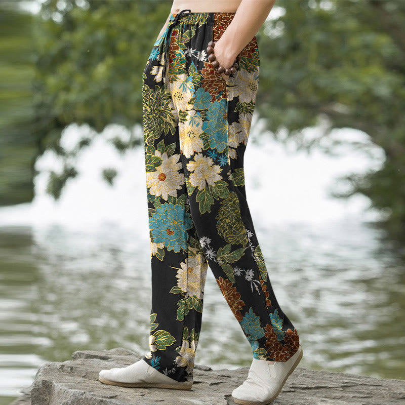 Nimara Ritual Cotton Peony Chrysanthemum Turquoise Floral Pattern Men's Tapered Pants With Pockets