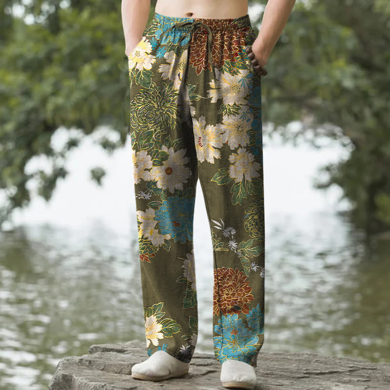 Nimara Ritual Cotton Peony Chrysanthemum Turquoise Floral Pattern Men's Tapered Pants With Pockets