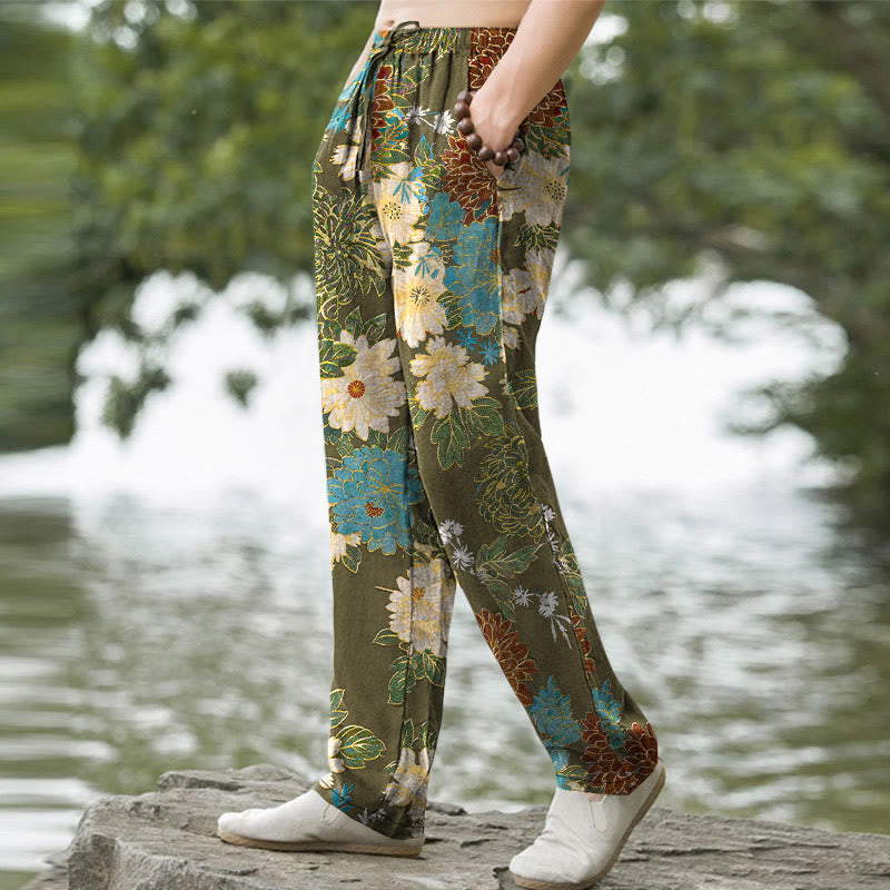 Nimara Ritual Cotton Peony Chrysanthemum Turquoise Floral Pattern Men's Tapered Pants With Pockets