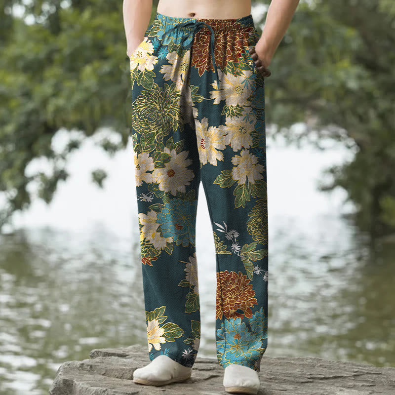 Nimara Ritual Cotton Peony Chrysanthemum Turquoise Floral Pattern Men's Tapered Pants With Pockets
